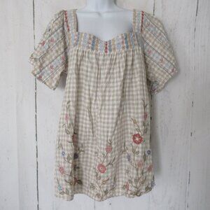 Athleta Karyn Seo Top XL Linen Tan Plaid Floral Embroidered Boho Peasant